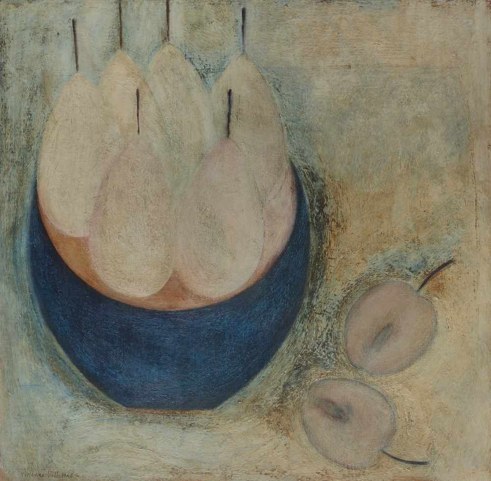 Pale Pears in Blue Bowl with Apple
